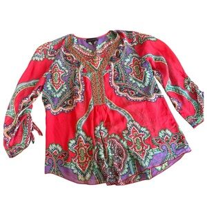 Hale Bob 100% Silk Boho Paisley Blouse Colorful Sheer Peasant Top M Artsy Pink